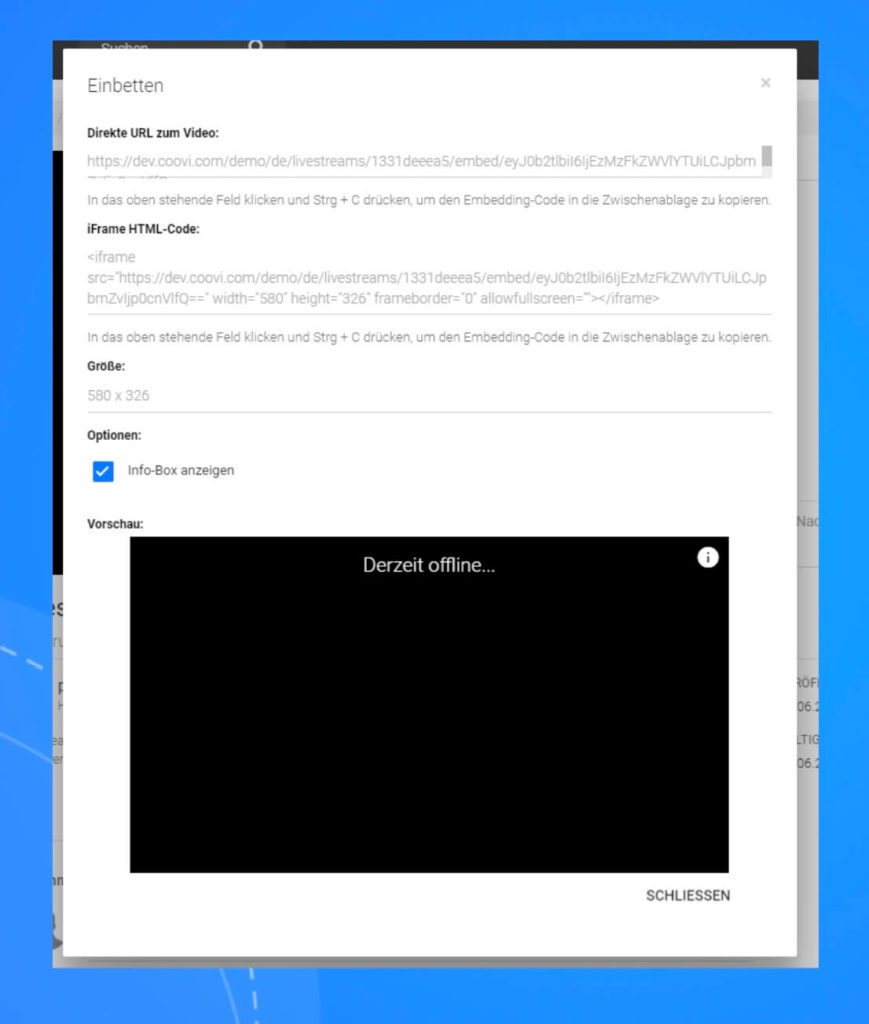 Embedding eines Livestreams aus coovi